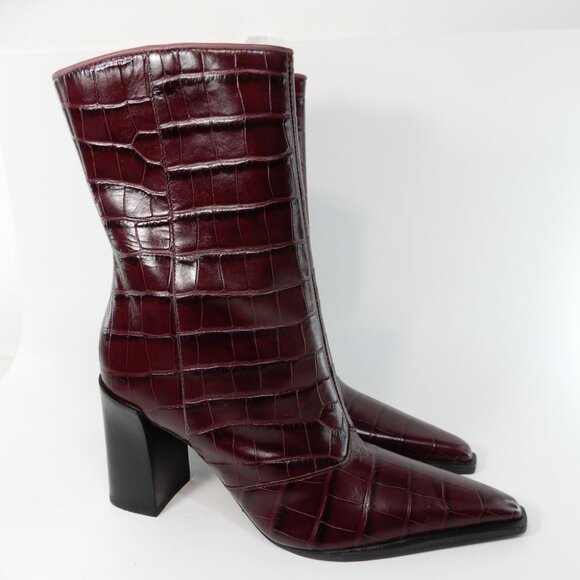 SCHUTZ Raffaela Booties Boots Heels Size 5 Merlot Wine Burgundy Croc Leather NEW - Picture 6 of 15